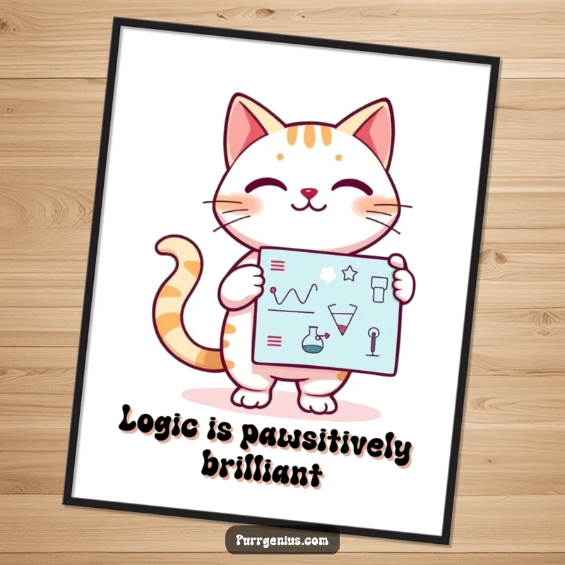 Funny Free Printable Wall Art of a Kawaii cat confidently presenting a detailed scientific diagram, adding a smart, quirky vibe.