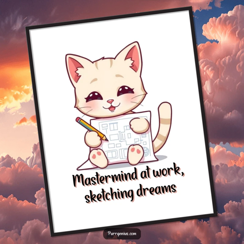 Funny Free Printable Wall Art: A pleased cat engrossed in drawing a detailed blueprint with a tiny pencil, embodying innovation.