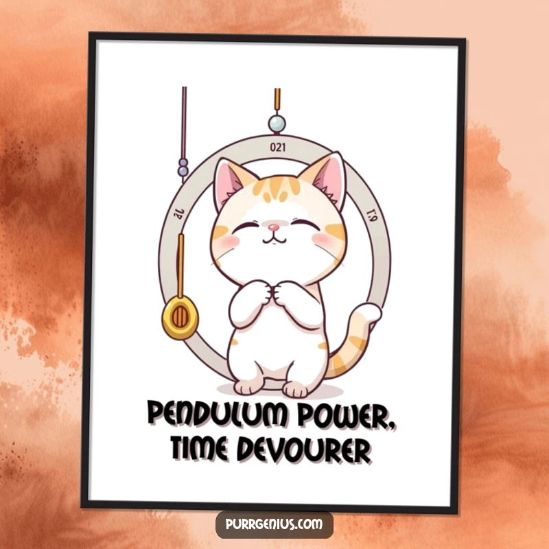 Funny Free Printable Wall Art: A cat playfully bats at a dangling pendulum, capturing the essence of passing time.