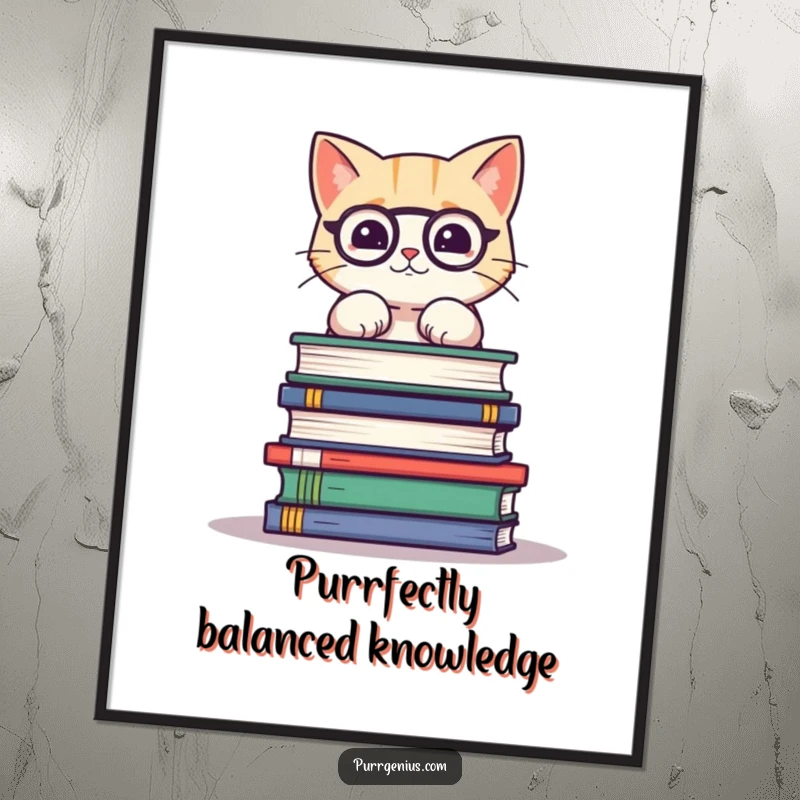 Funny free printable wall art showing a cute cat character with glasses, smartly balancing a tall stack of science books.
