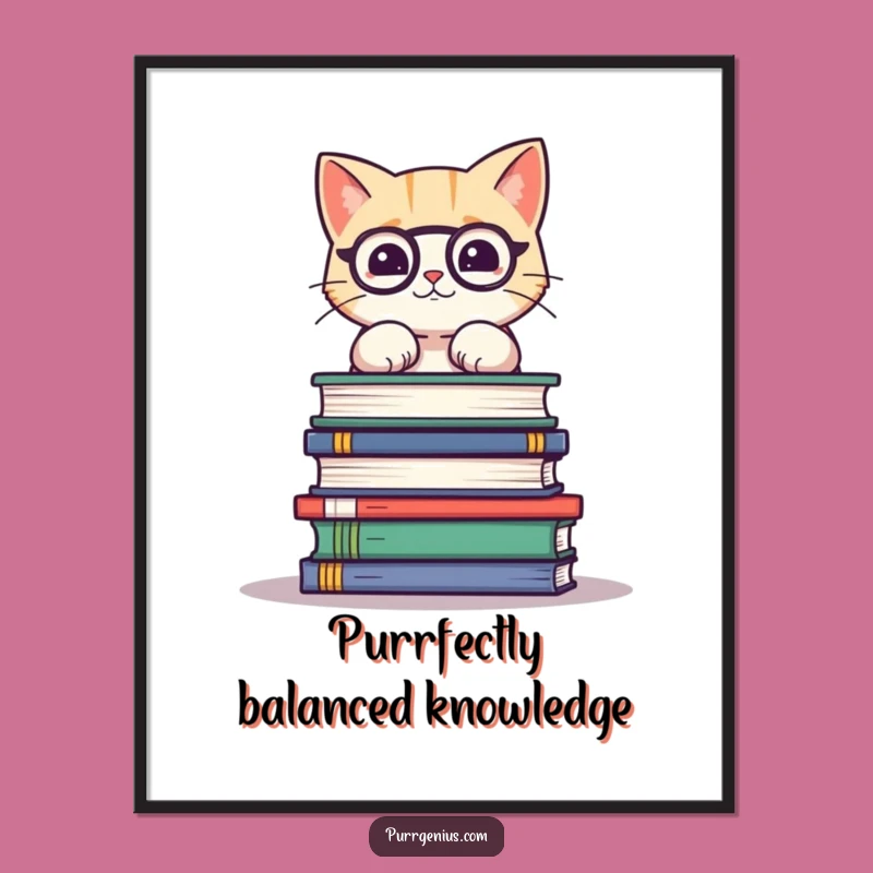 Free Printable Wall Art: Funny Cat Balancing Science Books Downloadable Art