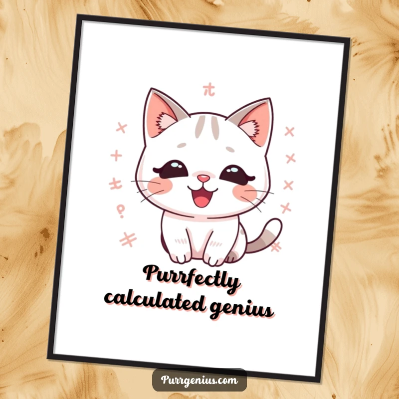 Funny free printable wall art of a happy kawaii cat surrounded by floating mathematical equations, adding a touch of smart humor to decor.
