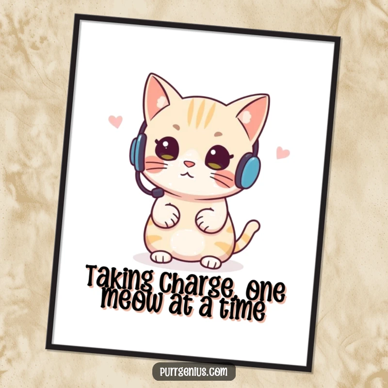 Funny Free Printable Wall Art: A focused cat wearing a headset, issuing confident directives, embodying leadership and a touch of humor.