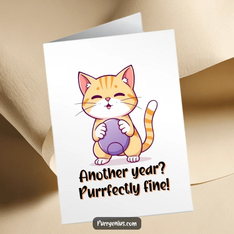 Funny Free Printable Birthday Card: A mischievous cat balances a ball on its nose, ready for a trick, DIY download.