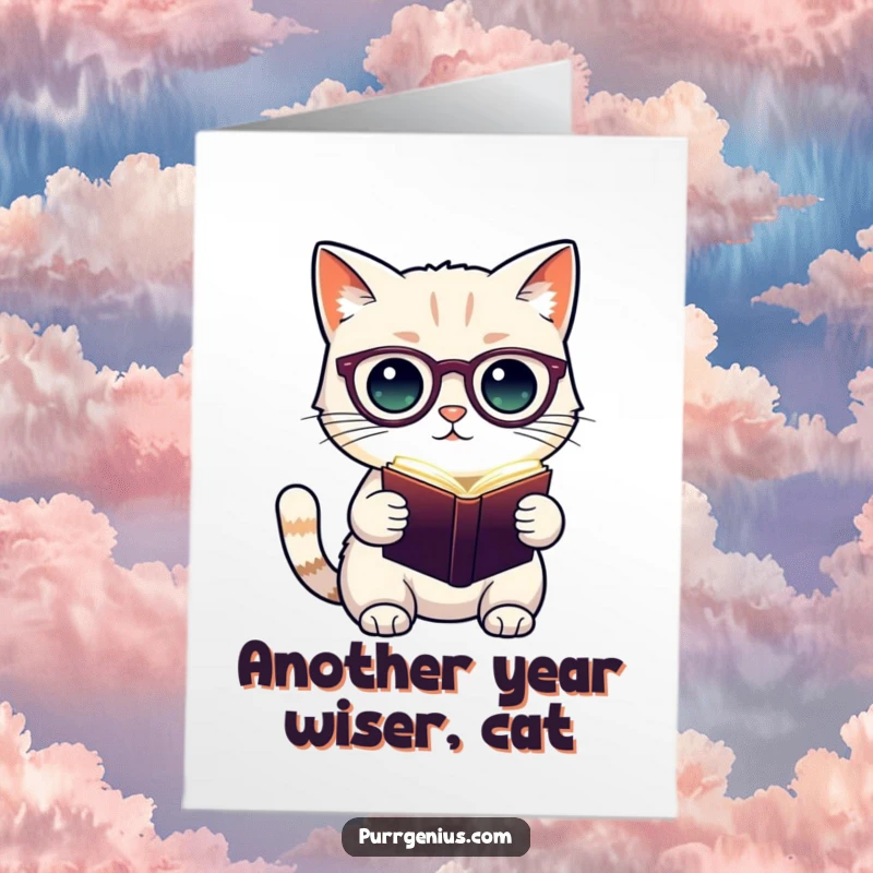 Funny Free Printable Birthday Card: Cat with spectacles reads a glowing book, ready to share knowledge and laughs.