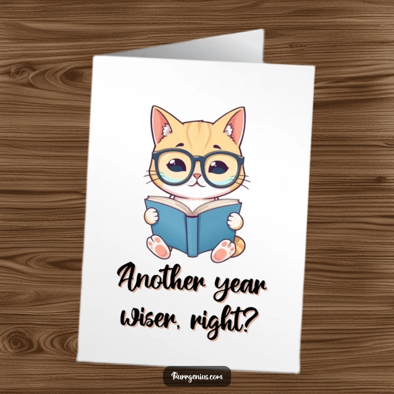 Funny Free Printable Birthday Card: A cat wearing oversized spectacles intently reads a book, wishing you a happy birthday.