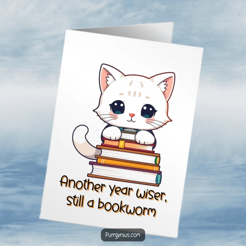Funny Free Printable Birthday Card: Feline scholar surrounded by advanced books, looking wise and ready to celebrate.