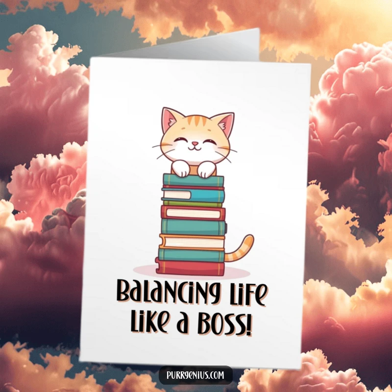 Funny Free Printable Birthday Card: A cat perfectly balances a tall stack of books on its head.