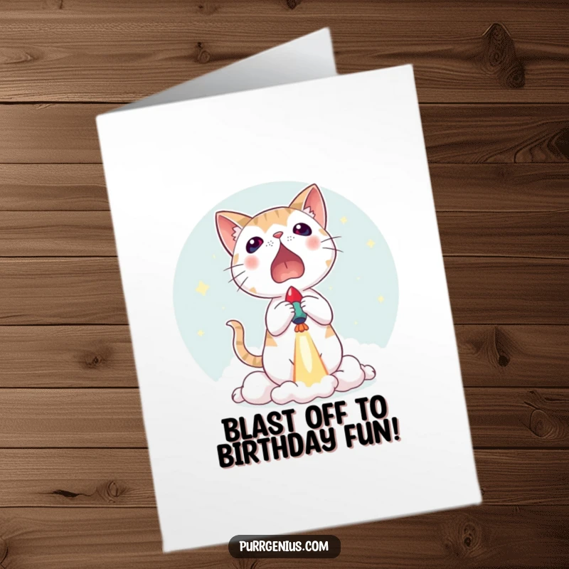 Funny Free Printable Birthday Card: Cat with wide eyes looking surprised as a tiny rocket blasts off.