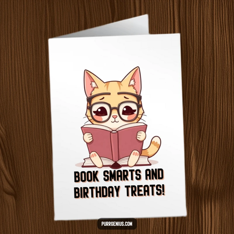 Funny Free Printable Birthday Card: A cute cat with glasses reads a big book, looking studious and hilarious, perfect for gifting.