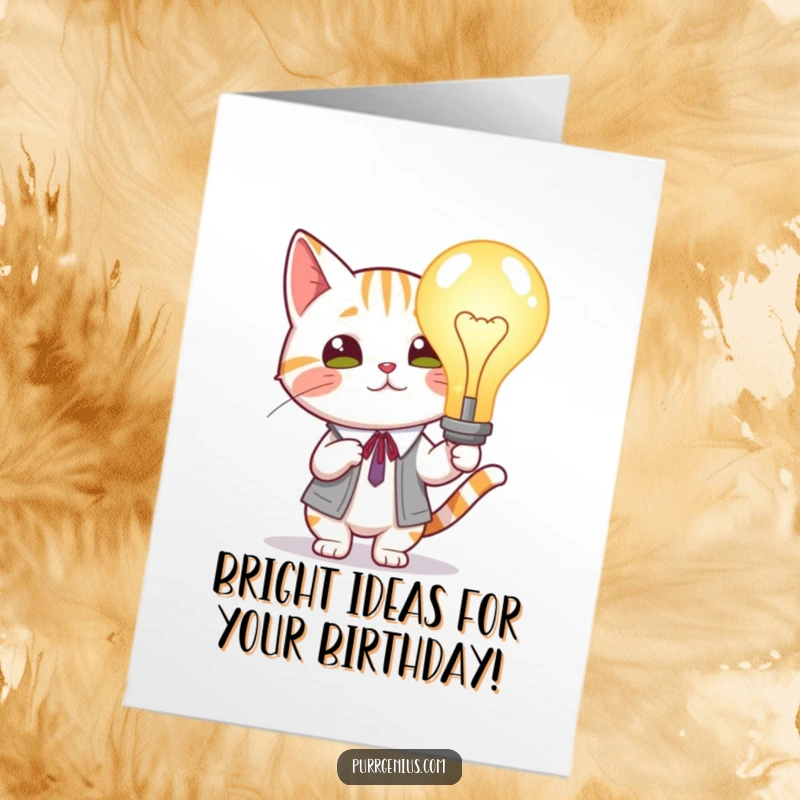 Funny Free Printable Birthday Card: Scholarly cat holding a giant glowing lightbulb, symbolizing a bright idea.