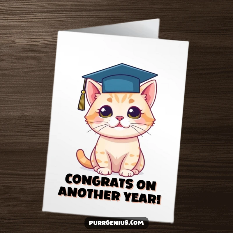 Funny Free Printable Birthday Card with a cat wearing a tiny graduation cap, looking exceptionally proud.