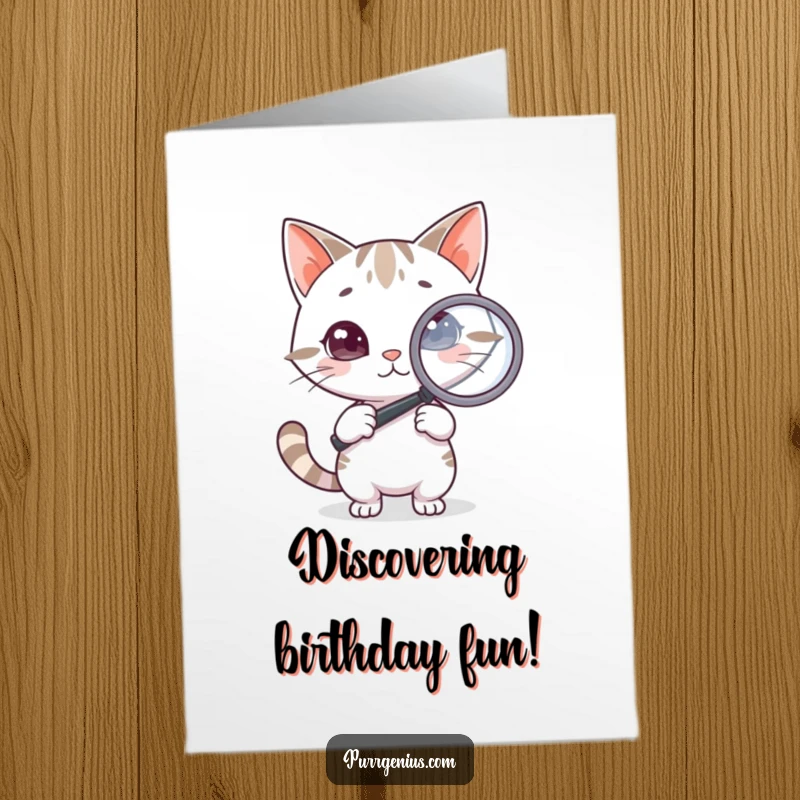 Funny Free Printable Birthday Card featuring a cat detective holding a magnifying glass, intently examining something with a curious look.