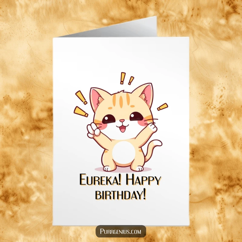 Funny free printable birthday card featuring a cute cat character striking an 'aha!' pose, mid-discovery with excitement.