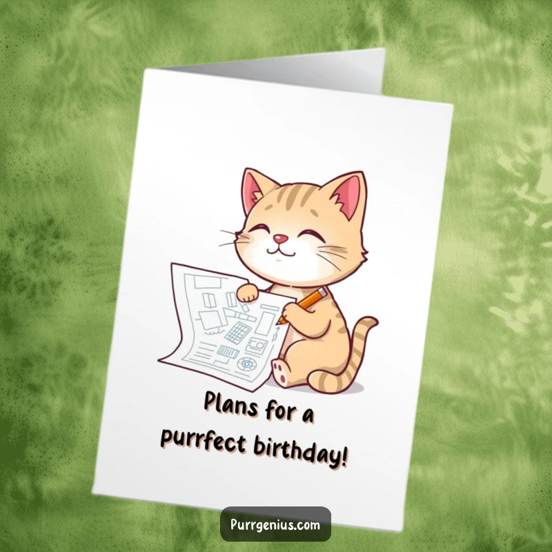 Funny Free Printable Birthday Card: A pleased cat meticulously draws a detailed blueprint with a tiny pencil.