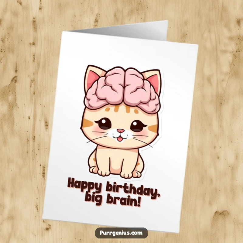 Funny Free Printable Birthday Card: Cat with oversized brain symbol above head smiles, celebrating intelligence.
