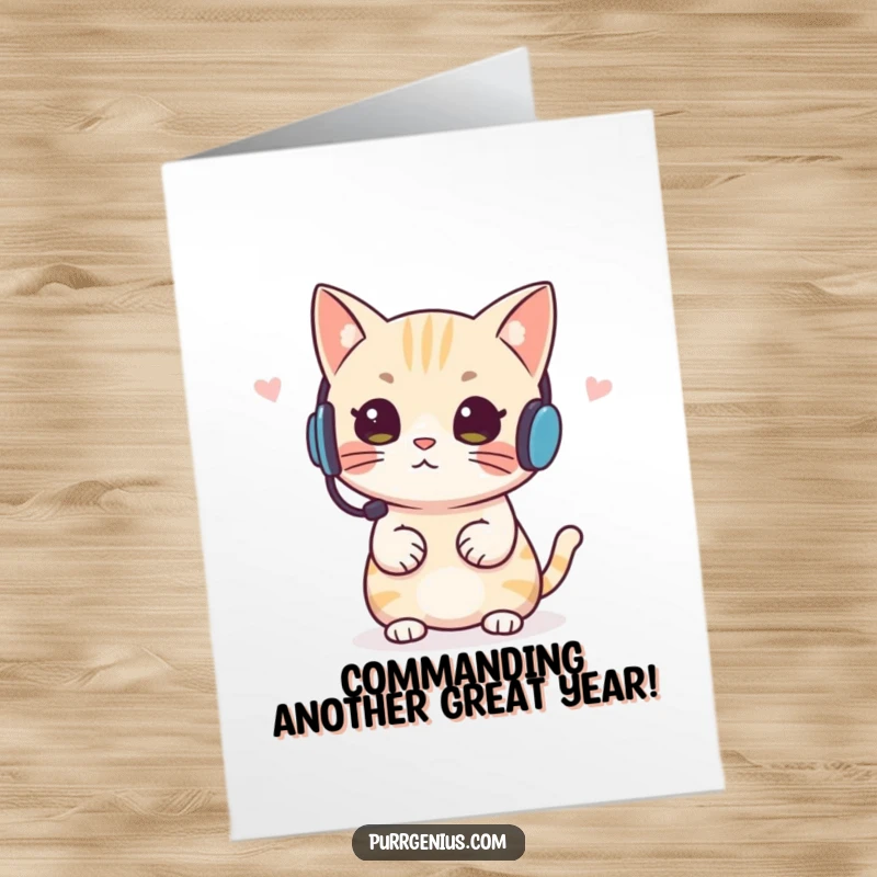 Funny Free Printable Birthday Card: A bossy cat in a headset giving instructions, ready to organize the best birthday party ever.