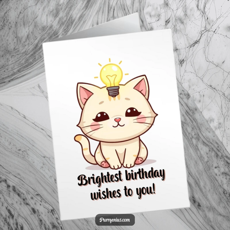 Funny Free Printable Birthday Card: Cat character with a glowing lightbulb above its head, symbolizing a bright idea.
