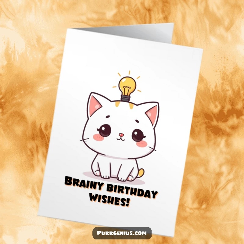 Funny Free Printable Birthday Card: Cat with a glowing lightbulb above its head has a bright, thoughtful idea for the birthday.