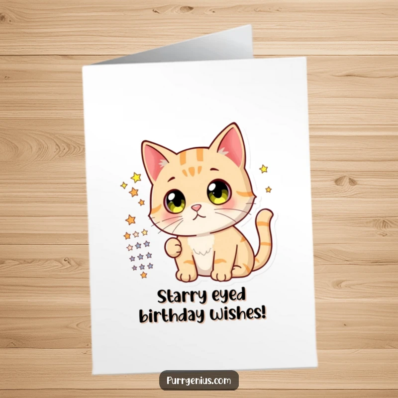 Funny free printable birthday card with a curious cat character with big eyes, gazing intently at a detailed star chart.