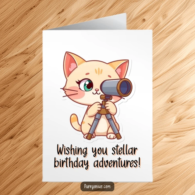 Funny Free Printable Birthday Card: Curious cat character peering into a telescope, looking at the stars with wonder.