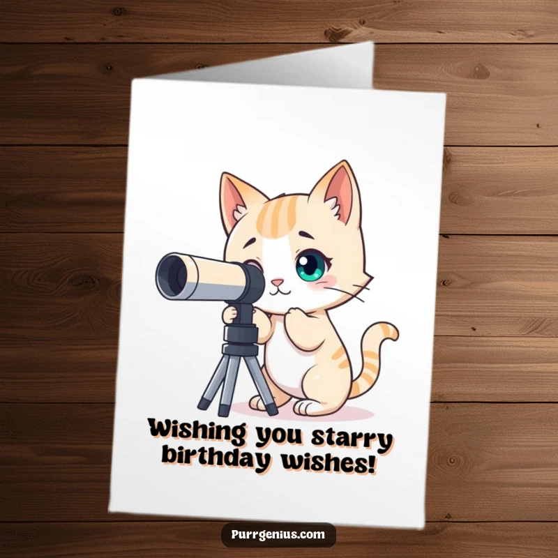 Funny Free Printable Birthday Card: A curious cat peers through a telescope, looking for birthday wishes in the night sky. Great gift.