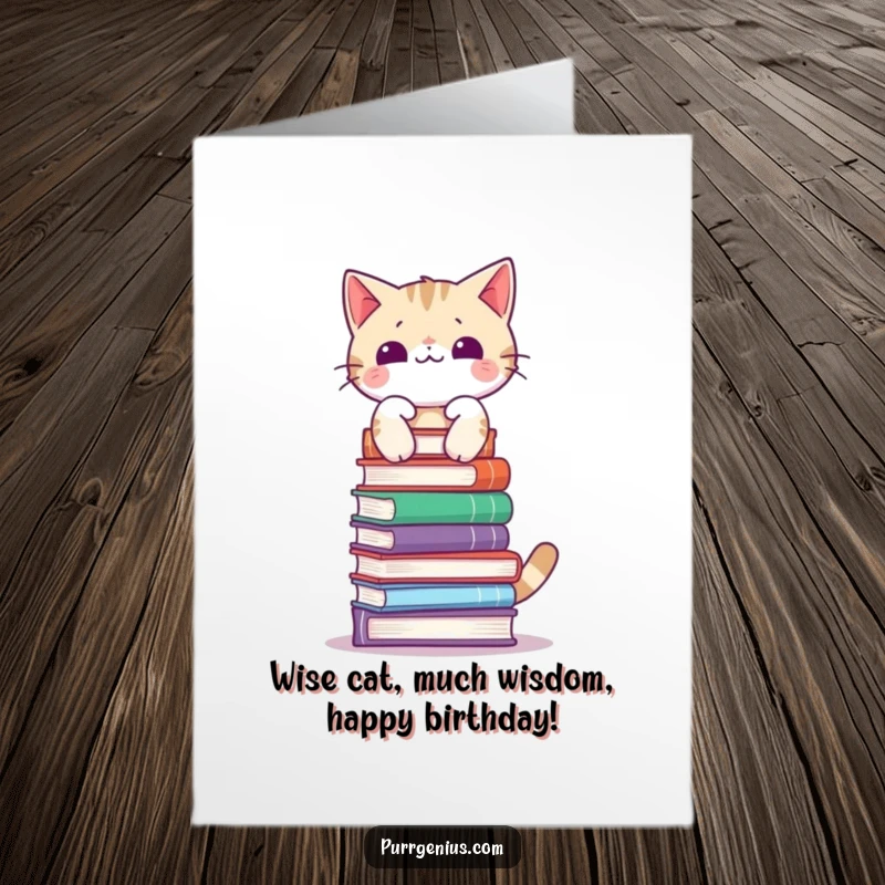 Funny Free Printable Birthday Card: A ginger cat with spot on balance holding a tower of books on its head.