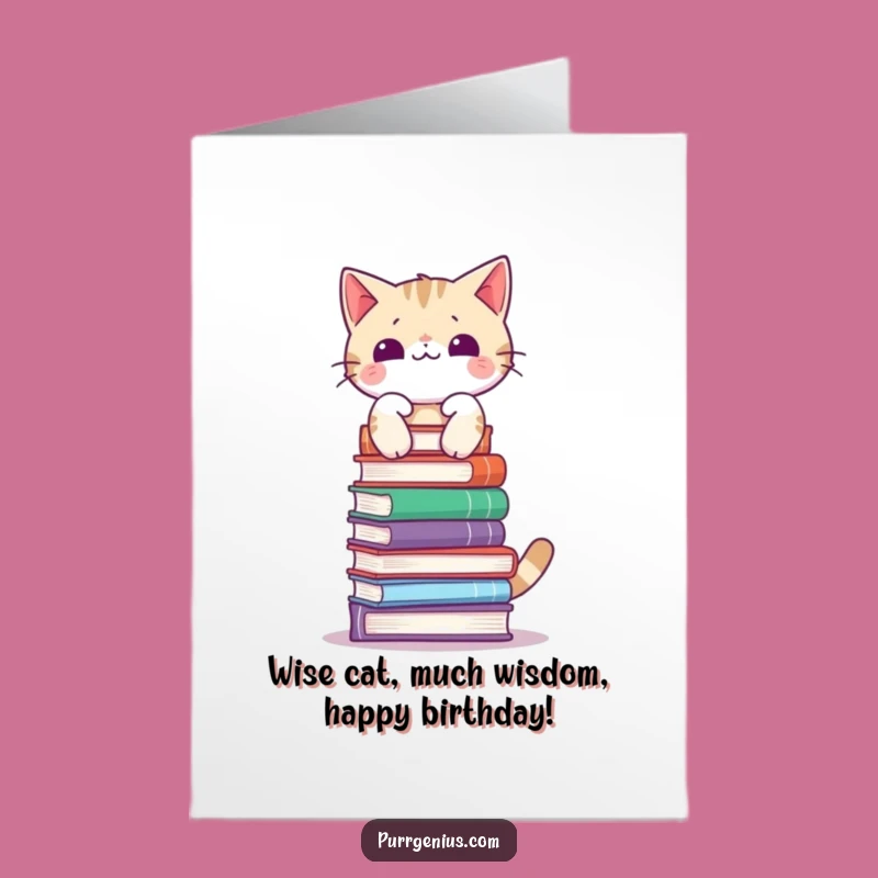 Free Printable Birthday Card: Funny Cat Balancing Books, Instant Download Humorous DIY Gift