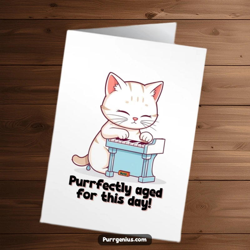 Funny free printable birthday card: A focused cat plays a tiny piano with intense concentration, ready to serenade.