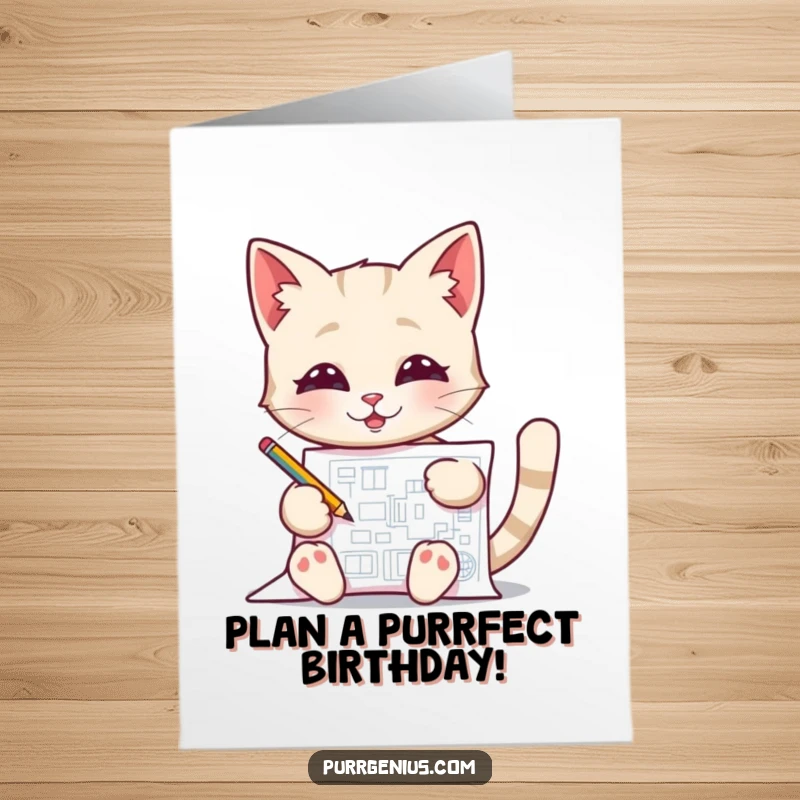 Funny Free Printable Birthday Card: A pleased cat meticulously drawing a blueprint with a tiny pencil, ready to celebrate your big day.