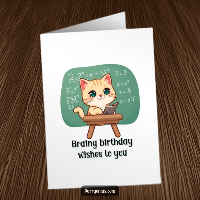 Funny Free Printable Birthday Card with a cat intently studying a complex equation written on a chalkboard.
