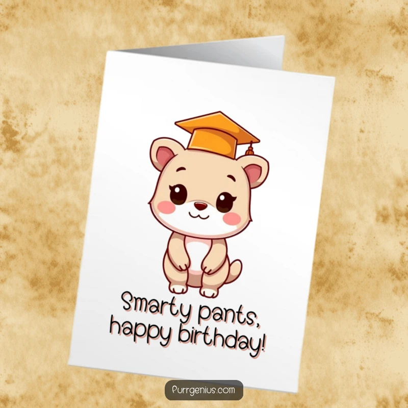 Funny Free Printable Birthday Card: A cute animal character wearing a tiny graduation cap, celebrating a birthday milestone.