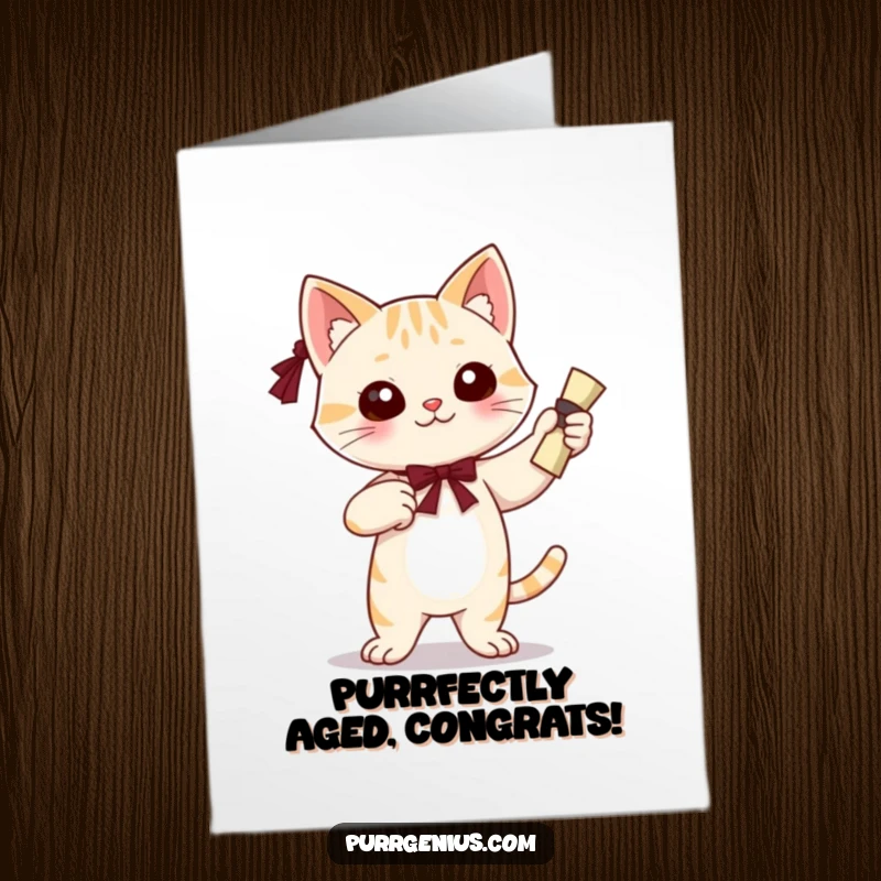 Funny Free Printable Birthday Card featuring a cute cat character proudly holding a diploma, celebrating graduation.
