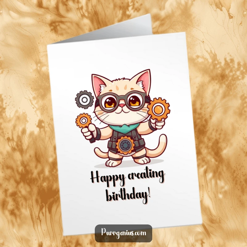 Funny Free Printable Birthday Card: Cat inventor striking a pose with gears, celebrating a birthday of innovation.