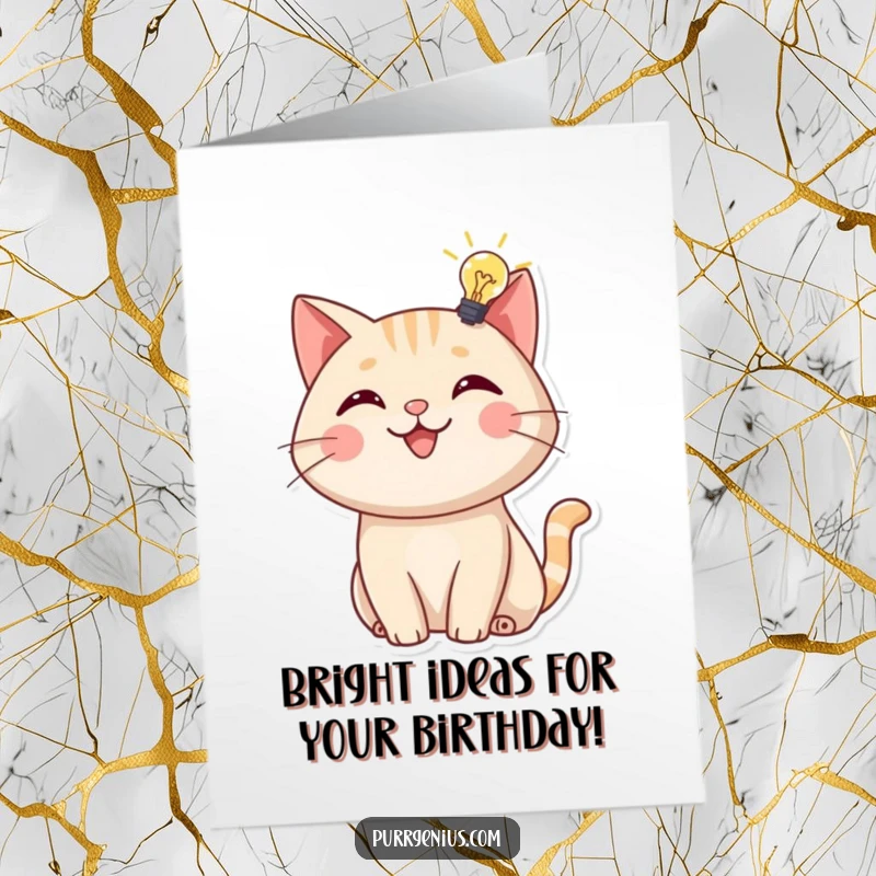 Funny Free Printable Birthday Card: A cheerful cat has a bright idea, symbolized by a lit lightbulb hovering over its head.