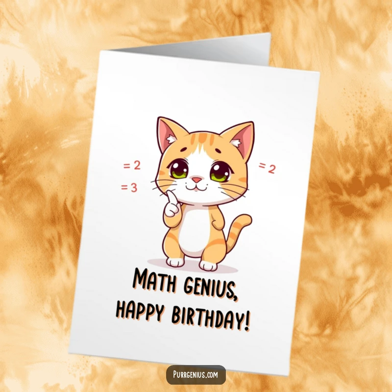 Funny Free Printable Birthday Card: Cat dramatically points at a complex equation, wishing a mathematically brilliant birthday.