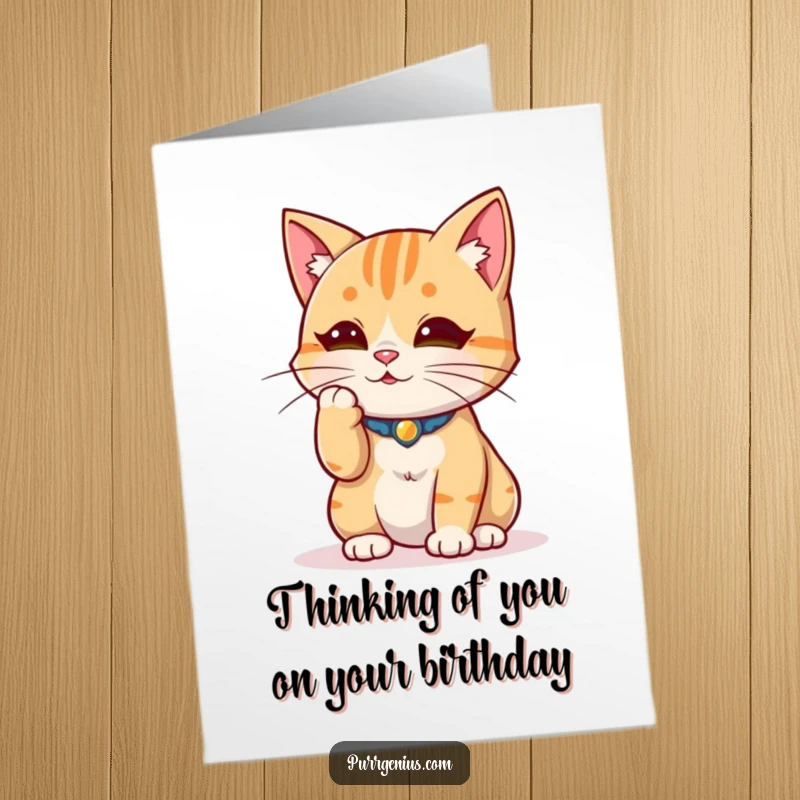Funny Free Printable Birthday Card: Wise cat with hand on chin strokes whisker, looking deep in thought.