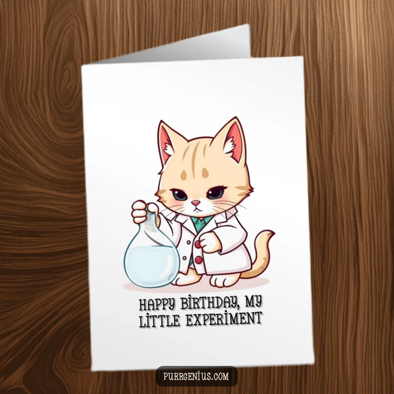 Funny free printable birthday card: a cat in a lab coat curiously examining a beaker, celebrating a birthday.