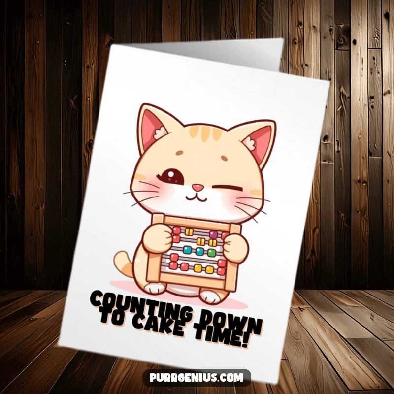 Funny Free Printable Birthday Card: A cat winks mischievously while holding a small abacus, ready to tally up the birthday fun.