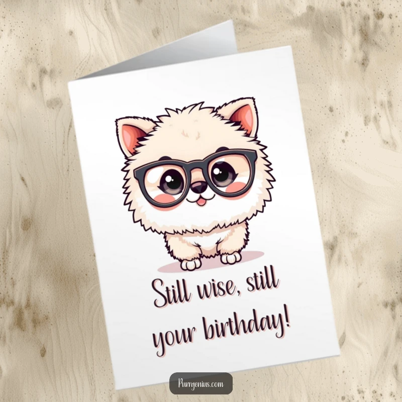Funny Free Printable Birthday Card: A fluffy animal character wearing oversized spectacles, looking wise and ready to celebrate.