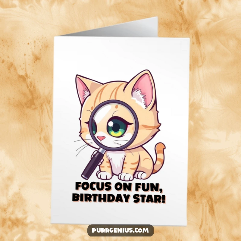 Funny Free Printable Birthday Card: A cat zooms in with a magnified eye on a tiny, fascinating detail.