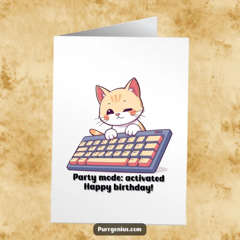 Funny Free Printable Birthday Card: A curious cat taps a giant keyboard, celebrating with digital delight.