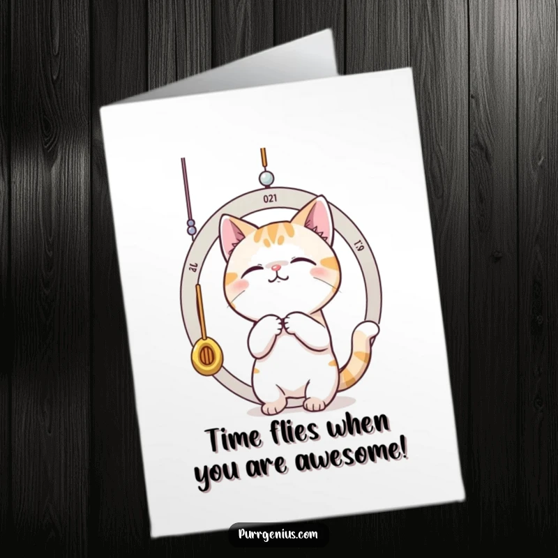 Funny Free Printable Birthday Card: A playful cat bats at a pendulum, measuring time with feline curiosity.