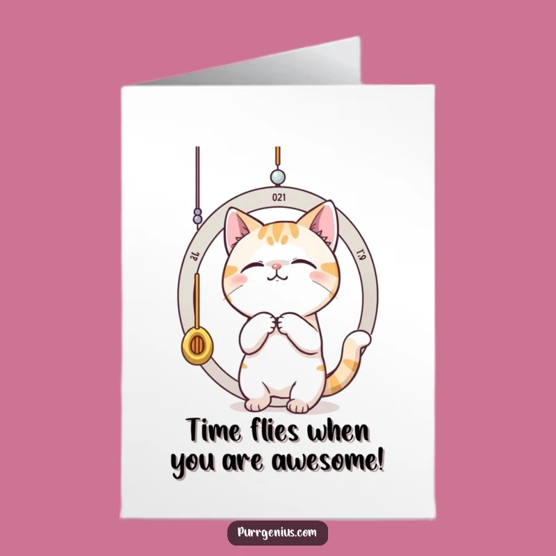 Free Printable Funny Cat Time Birthday Card - Playful Pendulum Downloadable Gift
