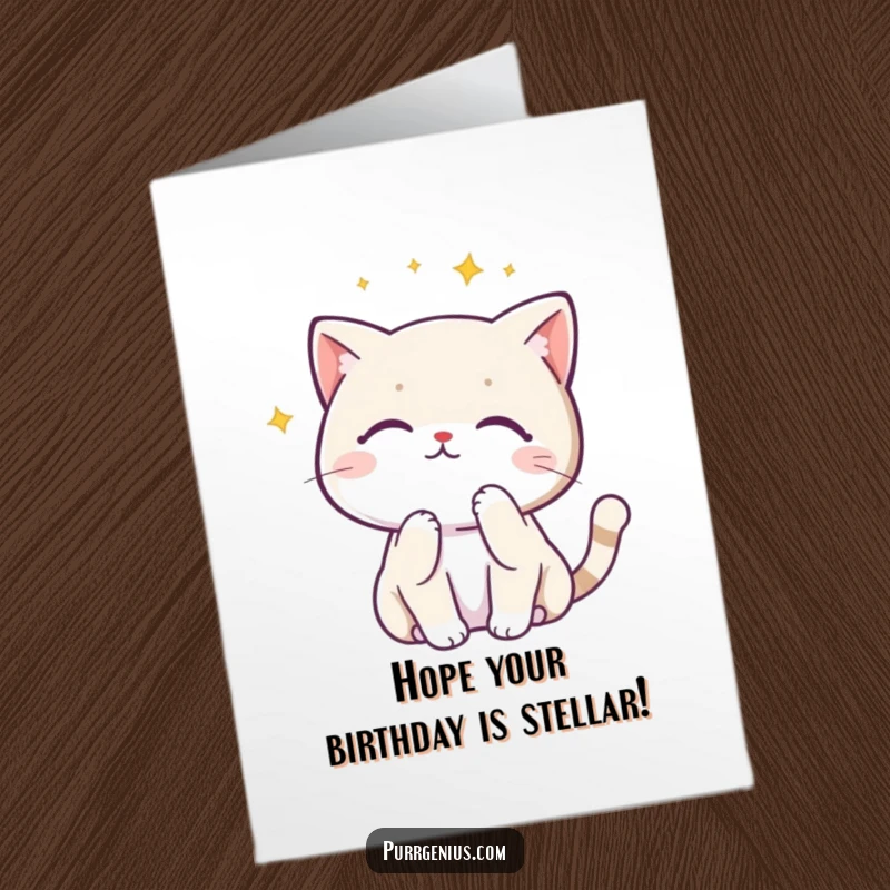 Funny Free Printable Birthday Card featuring a cute Kawaii cat in a thinking pose, gazing at a beautiful starry constellation.