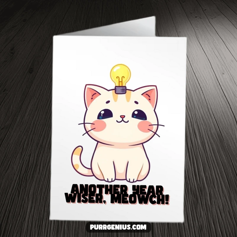 Funny Free Printable Birthday Card: A Kawaii cat has a glowing lightbulb above its head, symbolizing a brilliant idea.