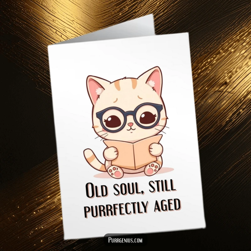 Funny Free Printable Birthday Card: A cute Kawaii cat wears spectacles and reads a scroll, looking studious and amusing.