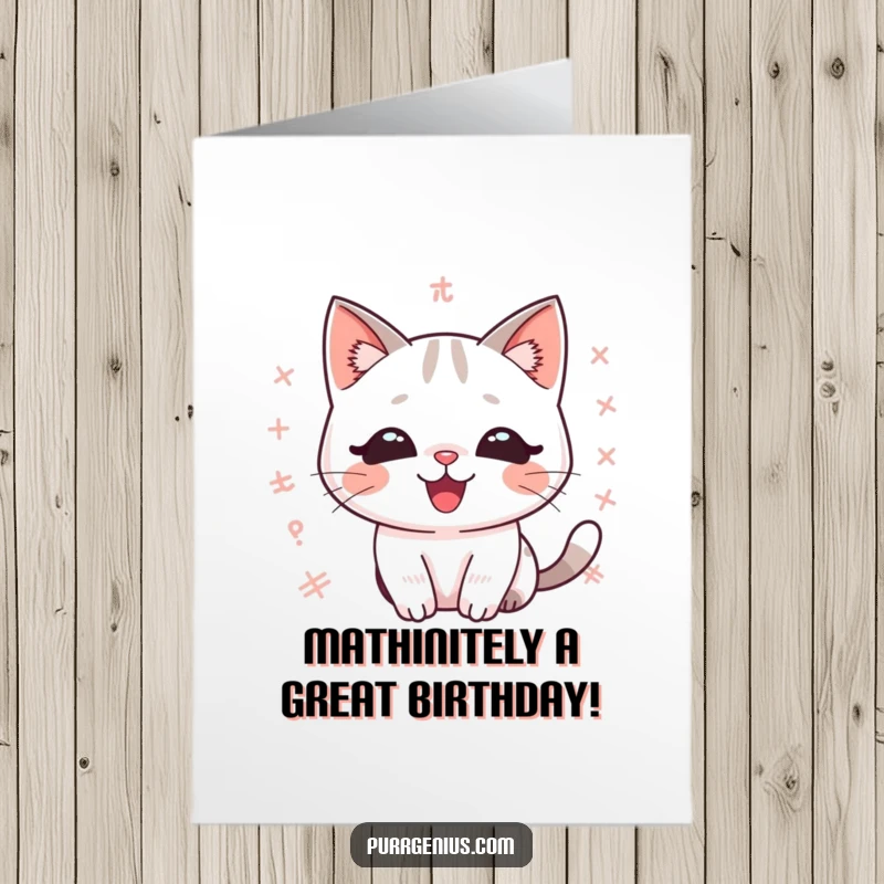 Funny free printable birthday card featuring a kawaii cat joyfully surrounded by floating math equations and symbols, ready to celebrate.