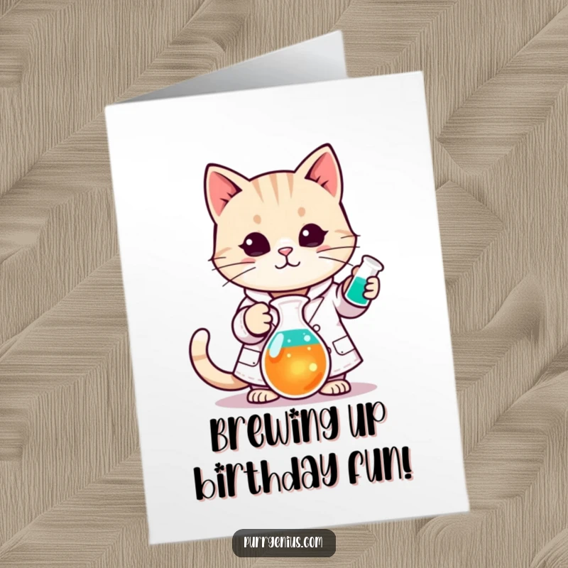 Funny Free Printable Birthday Card featuring a cute Kawaii cat in a lab coat, stirring a colorful beaker with a mischievous grin.