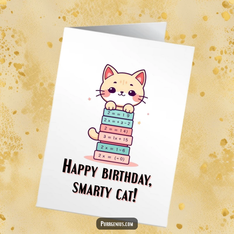 Funny free printable birthday card: A cute Kawaii cat balances a stack of complex math equations, looking brilliant. A genius downloadable greeting!